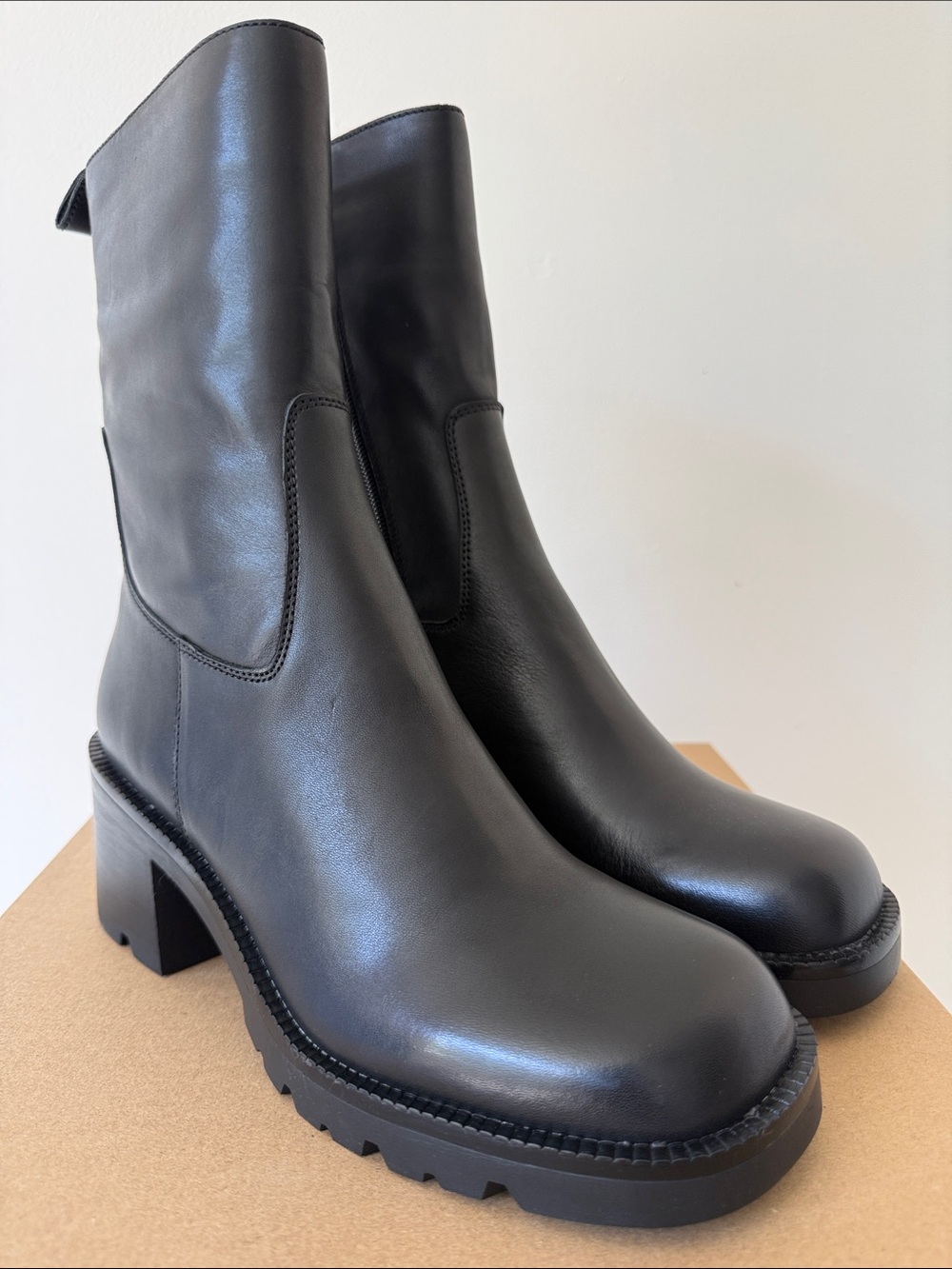 Steve Madden Black Leather Mid-Calf Chunky Heel Boots